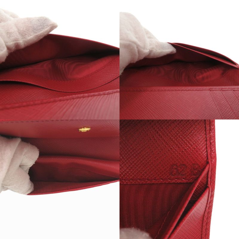 Prada Triangle Logo Gold Saffiano Leather Foco Red Fuoco Bifold Wallet