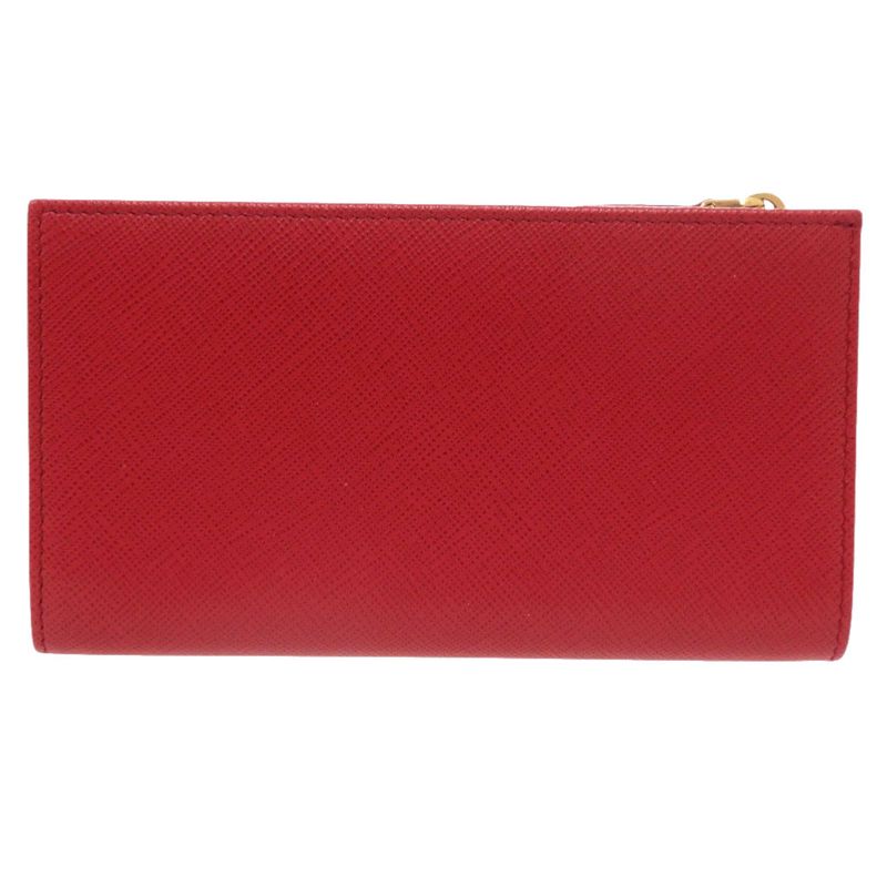 Prada Triangle Logo Gold Saffiano Leather Foco Red Fuoco Bifold Wallet