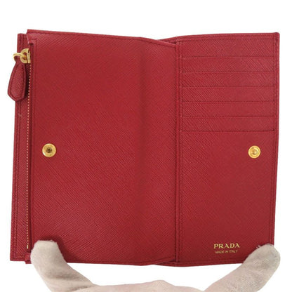 Prada Triangle Logo Gold Saffiano Leather Foco Red Fuoco Bifold Wallet
