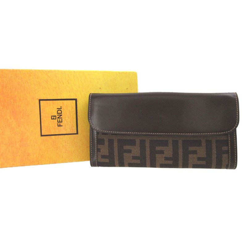 Fendi Zucca Pattern Canvas Leather Brown Hook Wallet