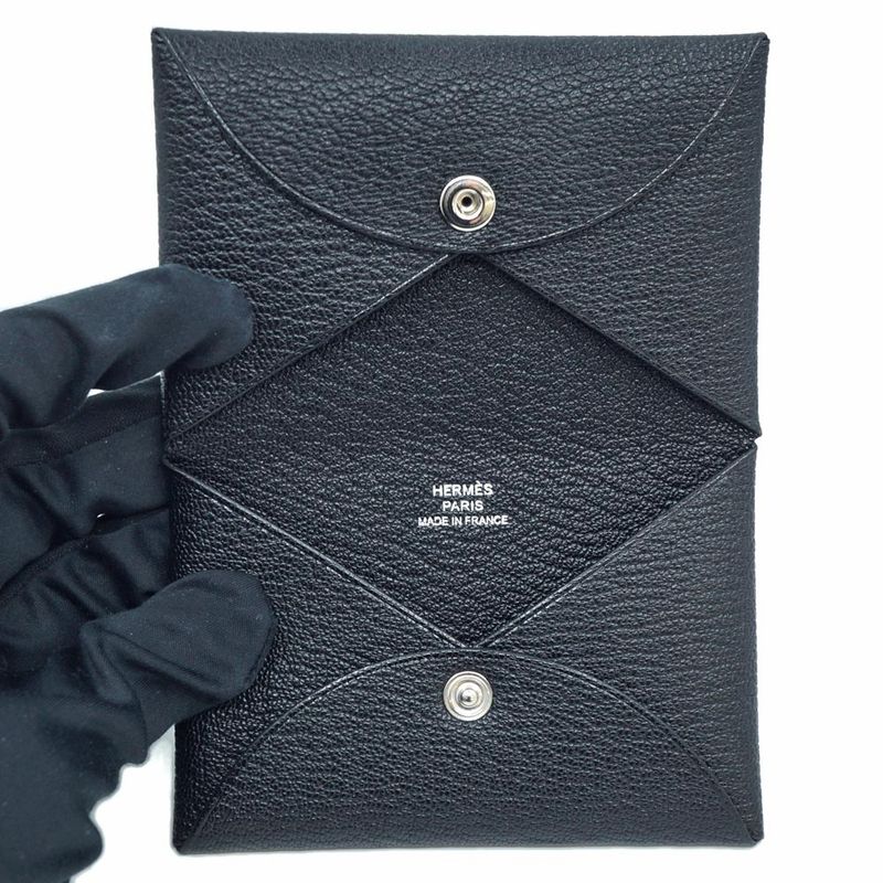 Hermes Calvi Coin Case Card Black Silver