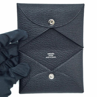 Hermes Calvi Coin Case Card Black Silver
