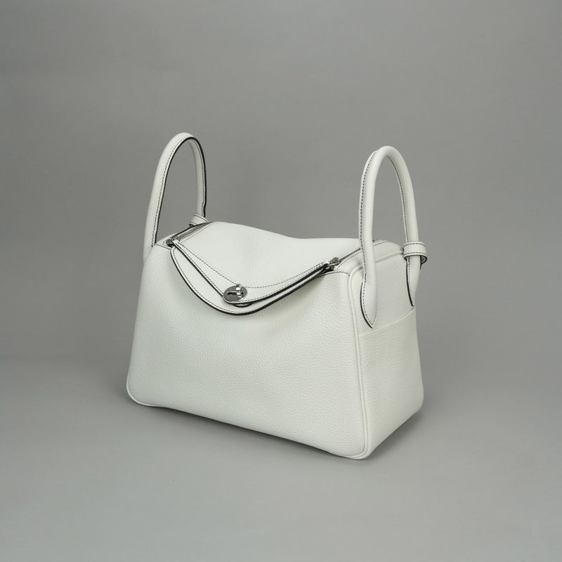 Hermes Lindy 30 Tote Shoulder Bag Taurillon Clemence White Silver 2-Way