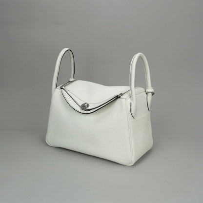Hermes Lindy 30 Tote Shoulder Bag Taurillon Clemence White Silver 2-Way