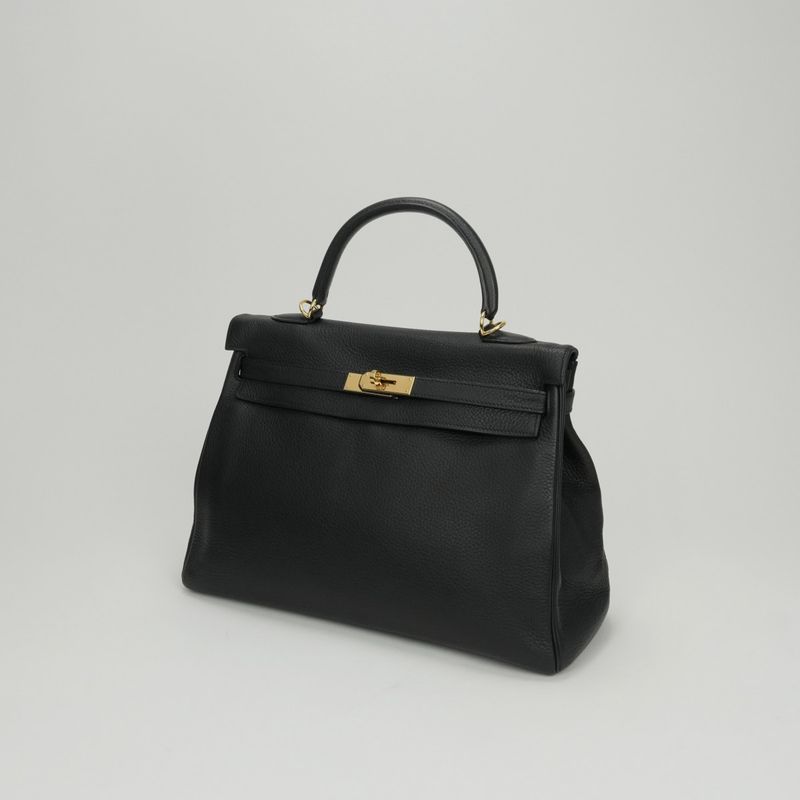 Hermes Kelly 35 Tote Shoulder Bag Taurillon Clemence Noir Black Gold V-shaped