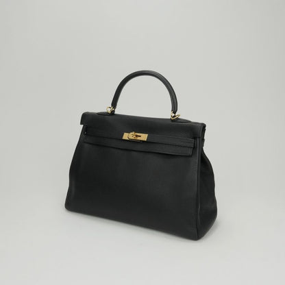 Hermes Kelly 35 Tote Shoulder Bag Taurillon Clemence Noir Black Gold V-shaped