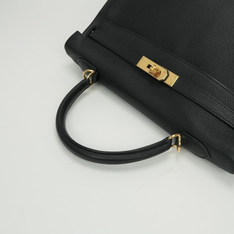 Hermes Kelly 35 Tote Shoulder Bag Taurillon Clemence Noir Black Gold V-shaped