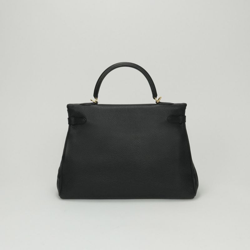 Hermes Kelly 35 Tote Shoulder Bag Taurillon Clemence Noir Black Gold V-shaped