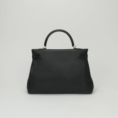 Hermes Kelly 35 Tote Shoulder Bag Taurillon Clemence Noir Black Gold V-shaped