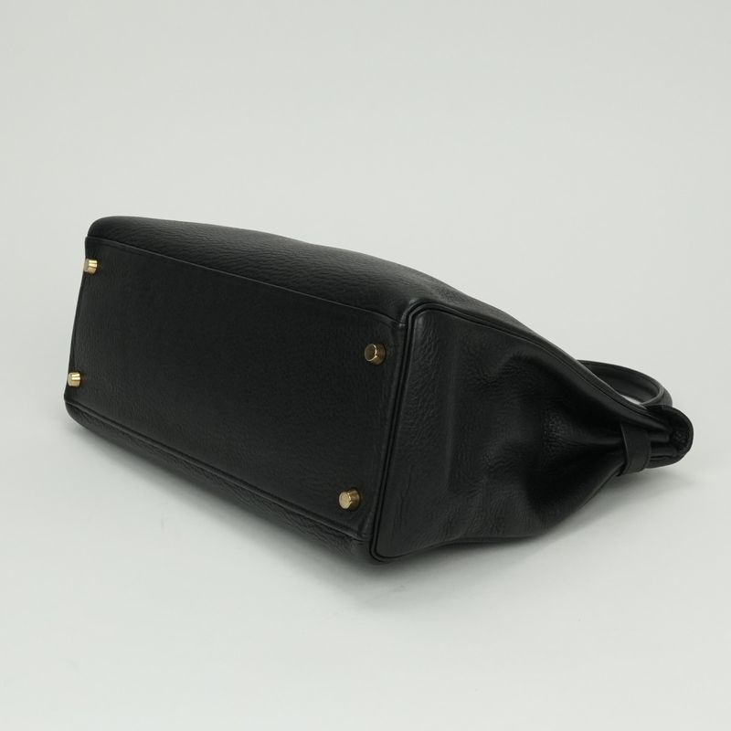 Hermes Kelly 35 Tote Shoulder Bag Taurillon Clemence Noir Black Gold V-shaped