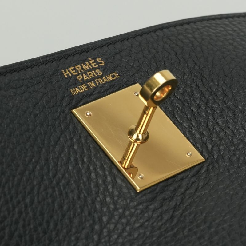 Hermes Kelly 35 Tote Shoulder Bag Taurillon Clemence Noir Black Gold V-shaped