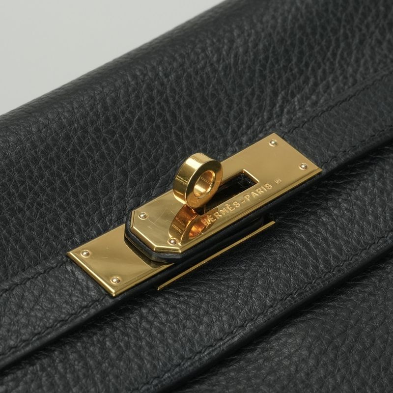 Hermes Kelly 35 Tote Shoulder Bag Taurillon Clemence Noir Black Gold V-shaped