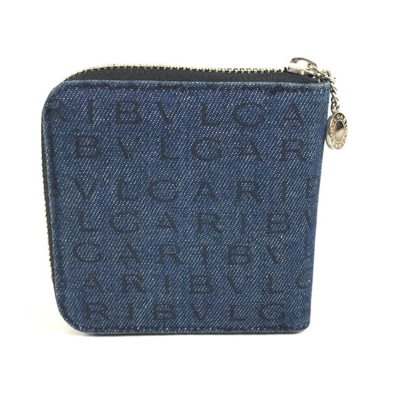 Bvlgari Bifold Wallet Logo Mania All Over Pattern Denim Leather Blue
