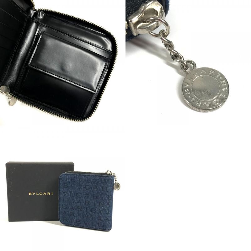 Bvlgari Bifold Wallet Logo Mania All Over Pattern Denim Leather Blue
