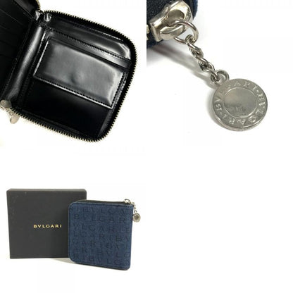 Bvlgari Bifold Wallet Logo Mania All Over Pattern Denim Leather Blue
