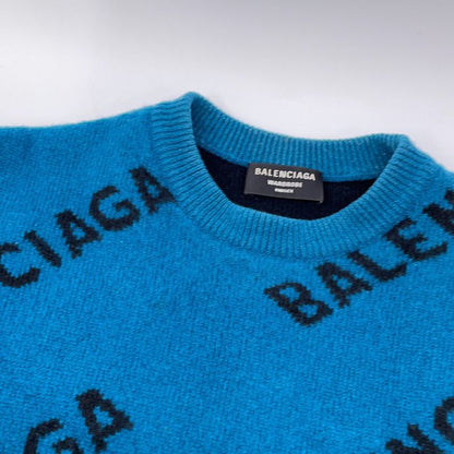 Balenciaga Blue Black Slash Logo Oversized Neck Wool Knit