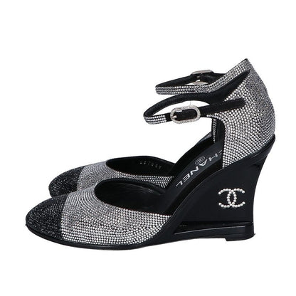Chanel CC Logo Line Stone Heel Sandals 37c