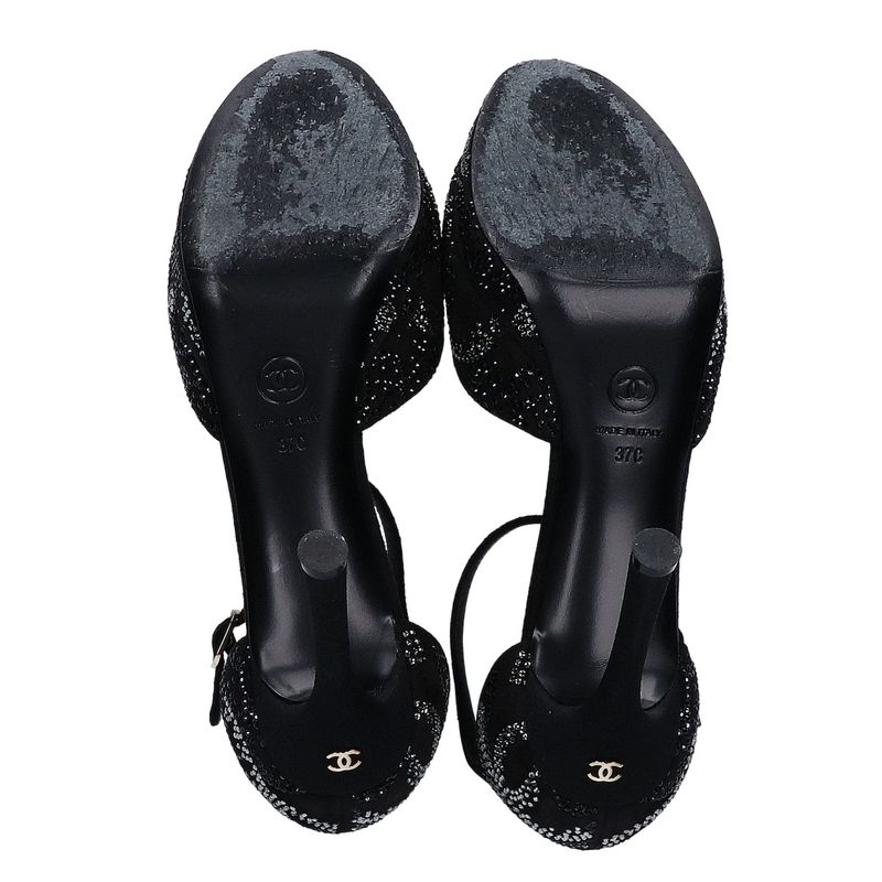 Chanel Suede Leather CC Logo Line Stone Heel Sandals 37c