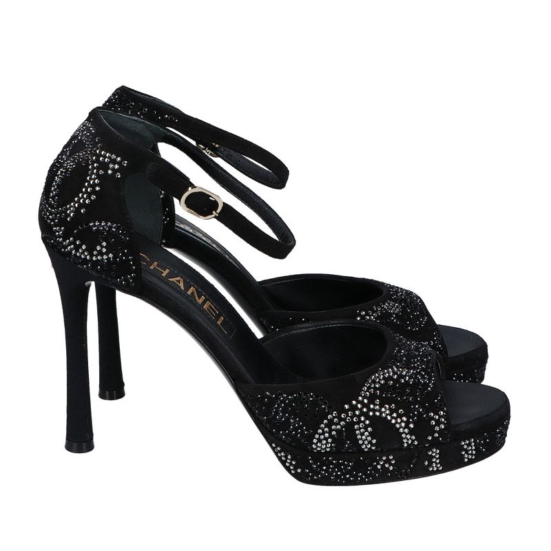 Chanel Suede Leather CC Logo Line Stone Heel Sandals 37c