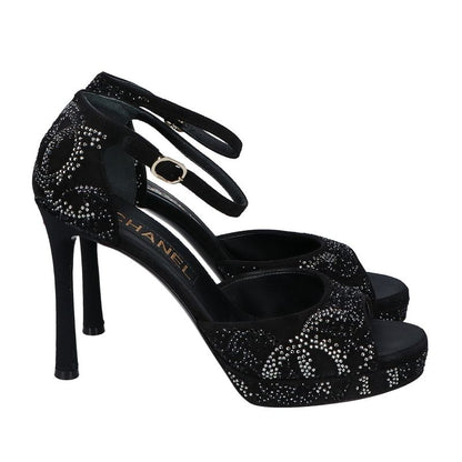 Chanel Suede Leather CC Logo Line Stone Heel Sandals 37c