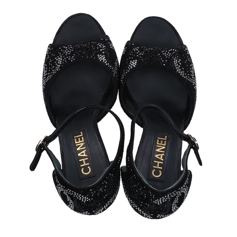 Chanel Suede Leather CC Logo Line Stone Heel Sandals 37c