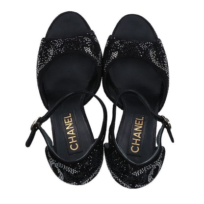 Chanel Suede Leather CC Logo Line Stone Heel Sandals 37c