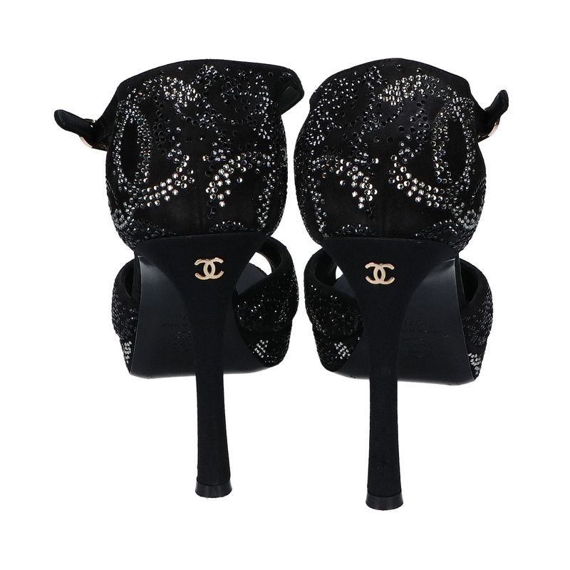 Chanel Suede Leather CC Logo Line Stone Heel Sandals 37c