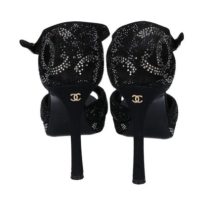 Chanel Suede Leather CC Logo Line Stone Heel Sandals 37c