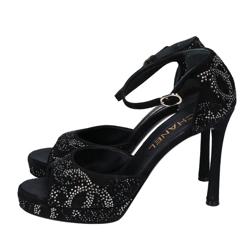 Chanel Suede Leather CC Logo Line Stone Heel Sandals 37c