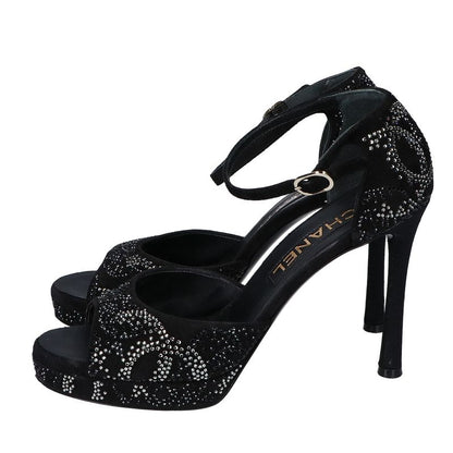 Chanel Suede Leather CC Logo Line Stone Heel Sandals 37c