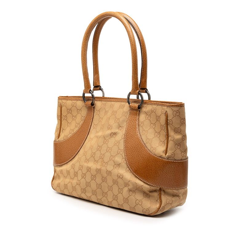 Gucci GG Canvas Tote Shoulder Bag Beige Leather