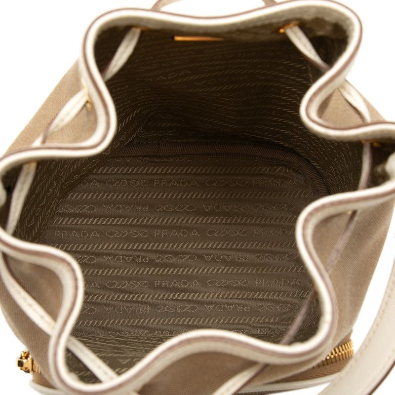 Prada Logo Jacquard 2-Way Shoulder Bag Drawstring Beige White Canvas Leather