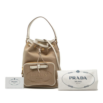 Prada Logo Jacquard 2-Way Shoulder Bag Drawstring Beige White Canvas Leather