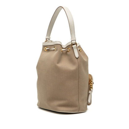 Prada Logo Jacquard 2-Way Shoulder Bag Drawstring Beige White Canvas Leather
