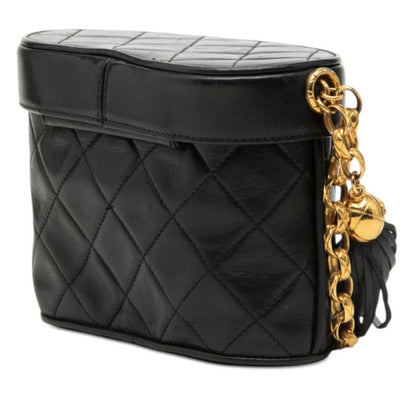 Chanel Quilted CC Logo Fringe Chain Shoulder Bag Black Lambskin