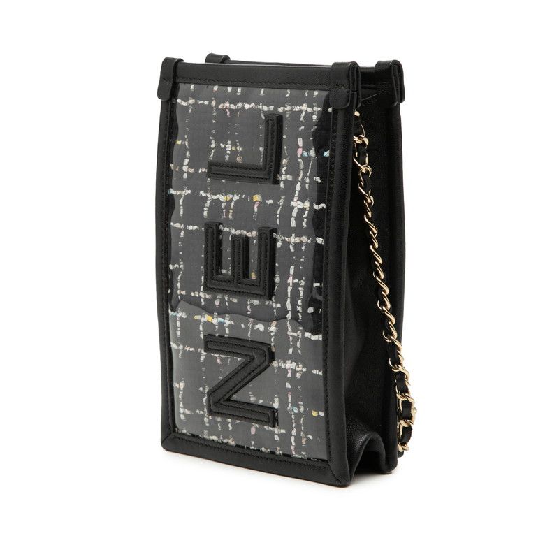 Chanel Logo Tweed Chain Shoulder Bag Phone Case Black Vinyl Leather