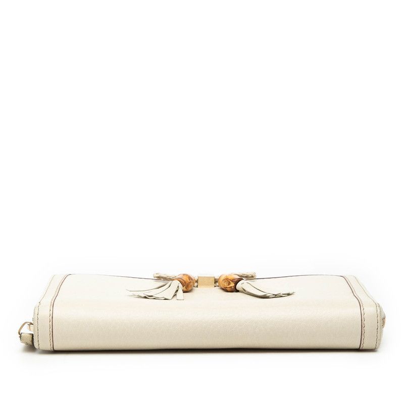 Gucci Bamboo Ribbon Tassel Zip Around Wallet Beige Leather