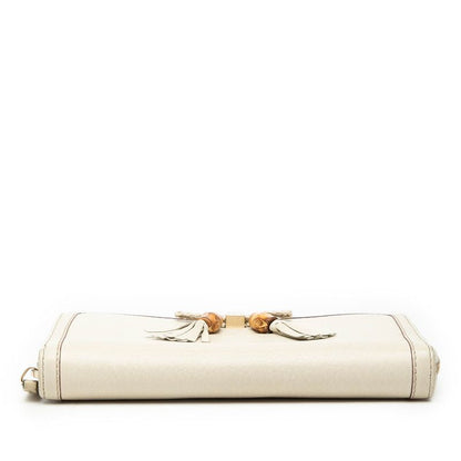 Gucci Bamboo Ribbon Tassel Zip Around Wallet Beige Leather