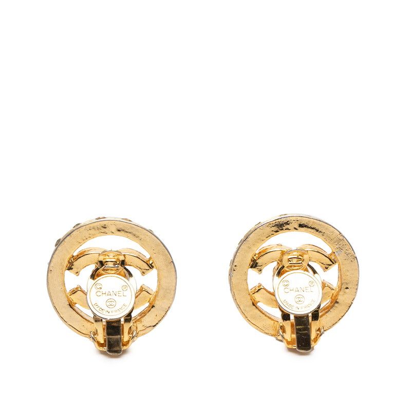 Chanel CC Logo Earrings Gold Plated Line Stone