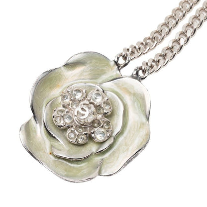 Chanel Camellia CC Logo Line Stone Chain Belt 2 Rows Silver Metal