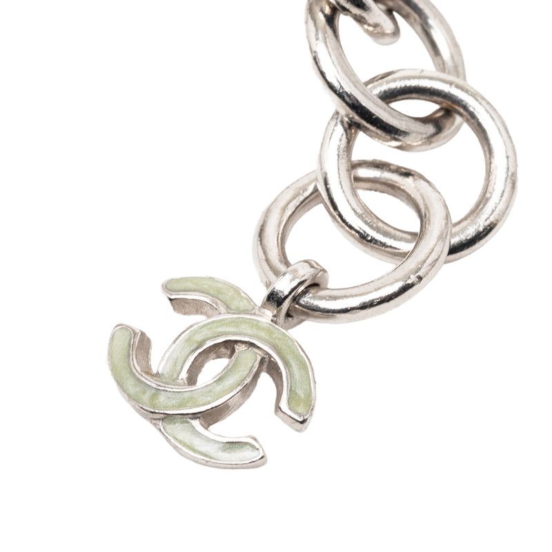 Chanel Camellia CC Logo Line Stone Chain Belt 2 Rows Silver Metal