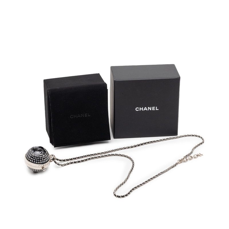 Chanel CC Logo Line Stone Mila Necklace Silver Black Metal Leather