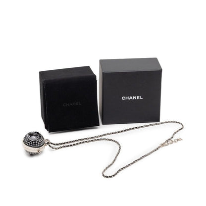 Chanel CC Logo Line Stone Mila Necklace Silver Black Metal Leather
