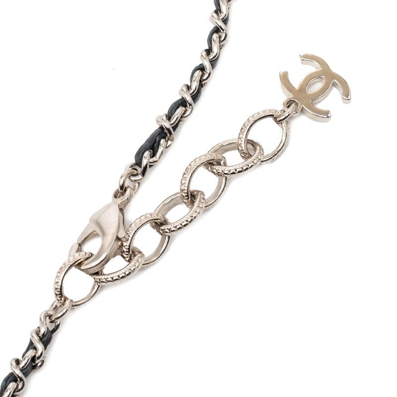 Chanel CC Logo Line Stone Mila Necklace Silver Black Metal Leather
