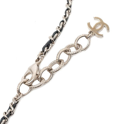 Chanel CC Logo Line Stone Mila Necklace Silver Black Metal Leather