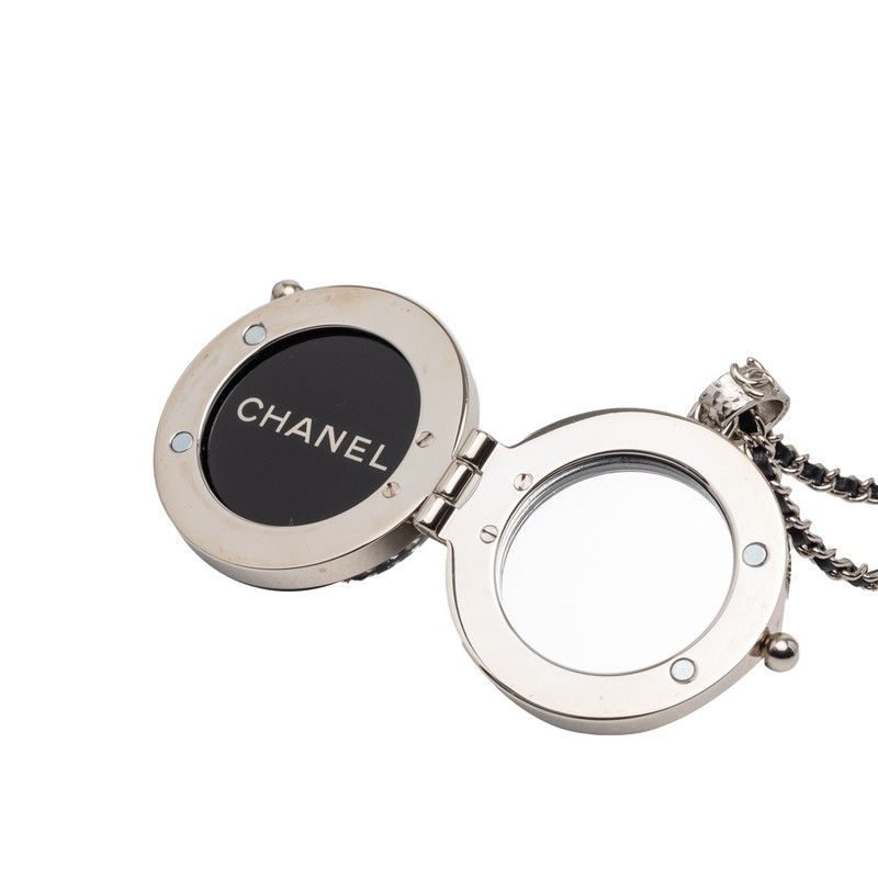 Chanel CC Logo Line Stone Mila Necklace Silver Black Metal Leather