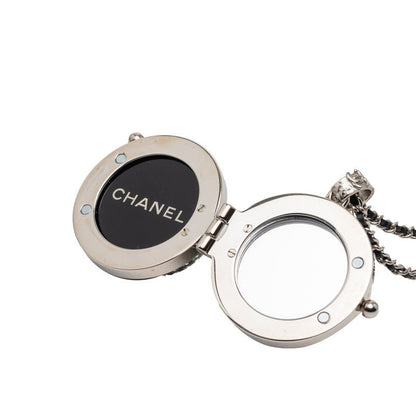 Chanel CC Logo Line Stone Mila Necklace Silver Black Metal Leather