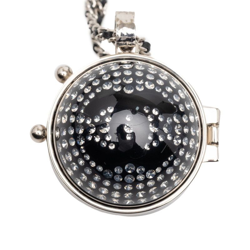 Chanel CC Logo Line Stone Mila Necklace Silver Black Metal Leather