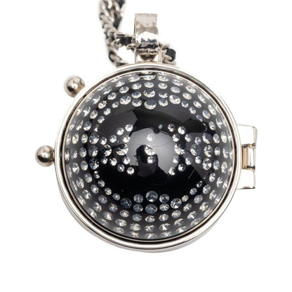 Chanel CC Logo Line Stone Mila Necklace Silver Black Metal Leather
