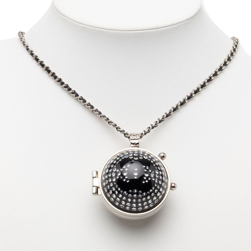 Chanel CC Logo Line Stone Mila Necklace Silver Black Metal Leather